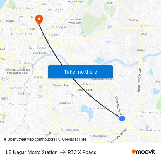 LB Nagar Metro Station to RTC X Roads map