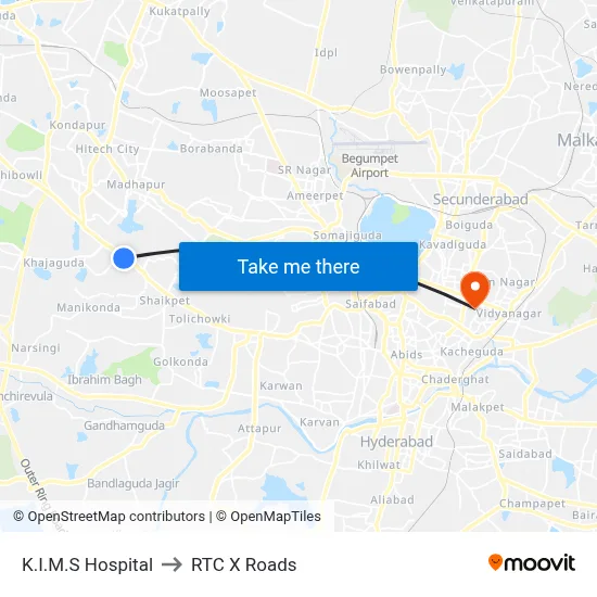 K.I.M.S Hospital to RTC X Roads map