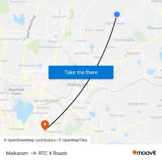 Malkaram to RTC X Roads map