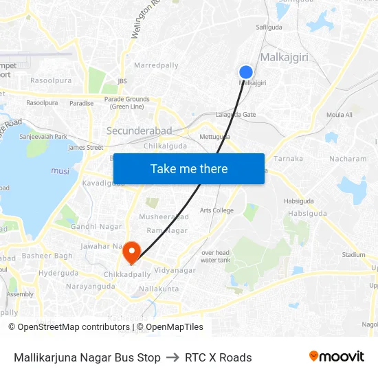 Mallikarjuna Nagar Bus Stop to RTC X Roads map