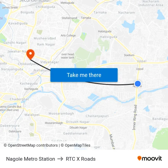Nagole Metro Station to RTC X Roads map