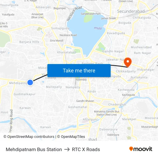 Mehdipatnam Bus Station to RTC X Roads map