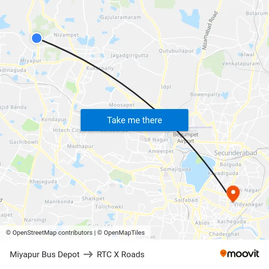 Miyapur Bus Depot to RTC X Roads map