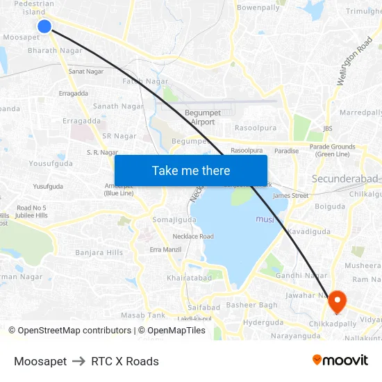 Moosapet to RTC X Roads map