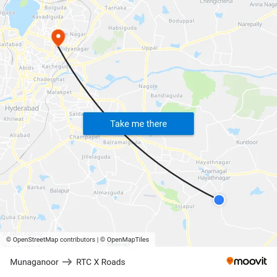 Munaganoor to RTC X Roads map