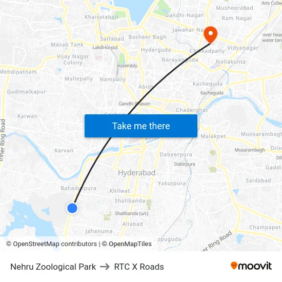 Nehru Zoological Park to RTC X Roads map