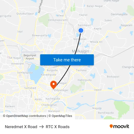Neredmet X Road to RTC X Roads map