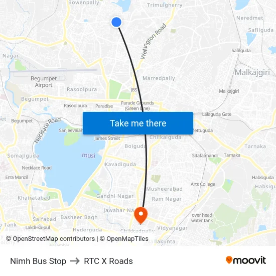 Nimh Bus Stop to RTC X Roads map