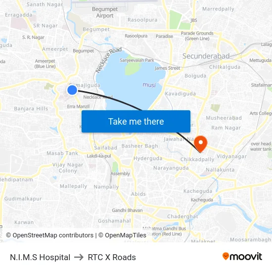 N.I.M.S Hospital to RTC X Roads map