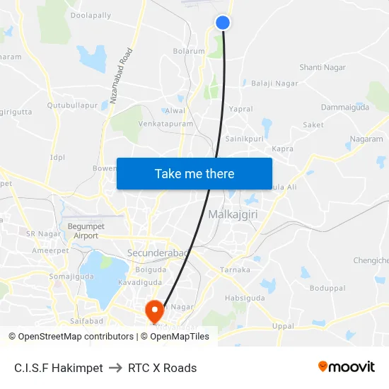 C.I.S.F Hakimpet to RTC X Roads map