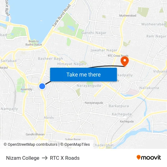 Nizam College to RTC X Roads map