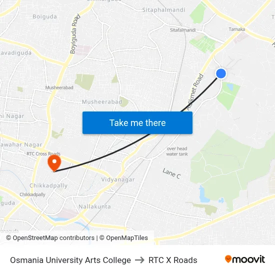 Osmania University Arts College to RTC X Roads map