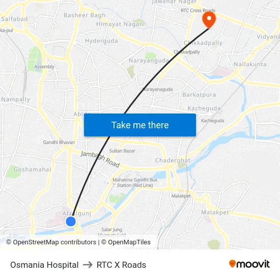 Osmania Hospital to RTC X Roads map