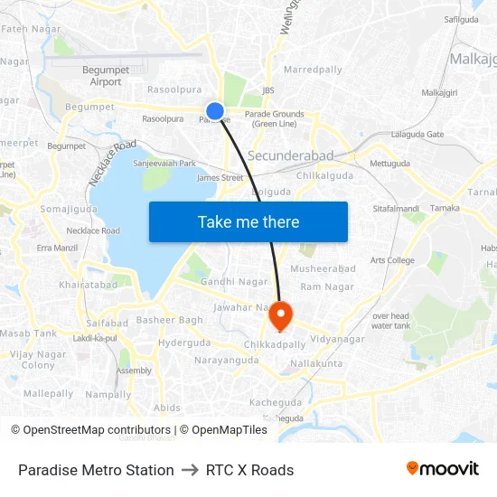 Paradise Metro Station to RTC X Roads map