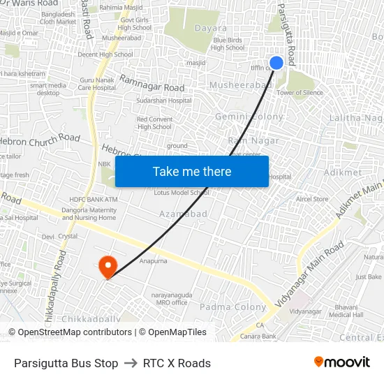 Parsigutta Bus Stop to RTC X Roads map