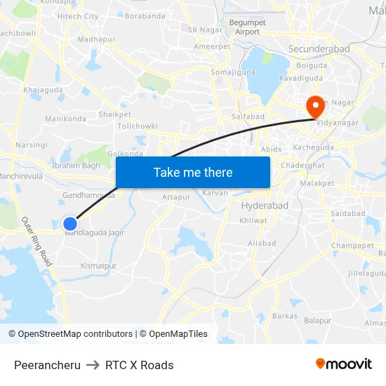 Peerancheru to RTC X Roads map