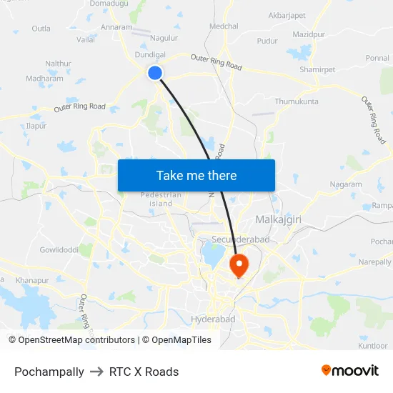 Pochampally to RTC X Roads map