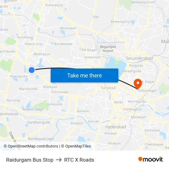 Raidurgam Bus Stop to RTC X Roads map