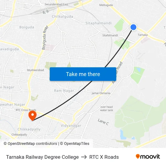 Tarnaka Railway Degree College to RTC X Roads map