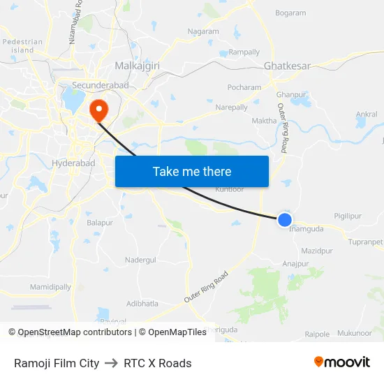 Ramoji Film City to RTC X Roads map