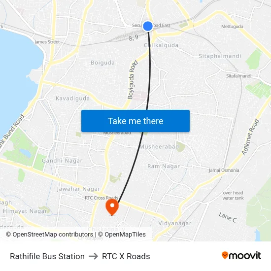 Rathifile Bus Station to RTC X Roads map