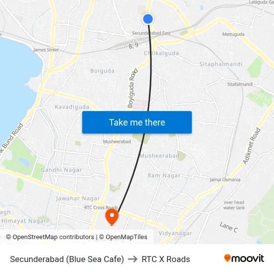 Secunderabad (Blue Sea Cafe) to RTC X Roads map