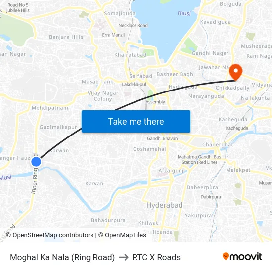 Moghal Ka Nala (Ring Road) to RTC X Roads map