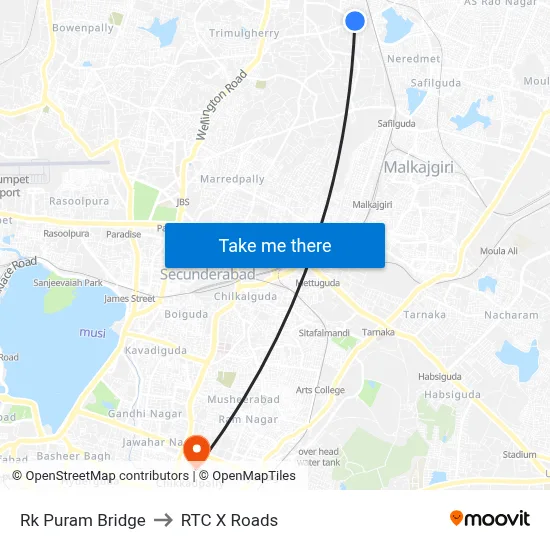 Rk Puram Bridge to RTC X Roads map