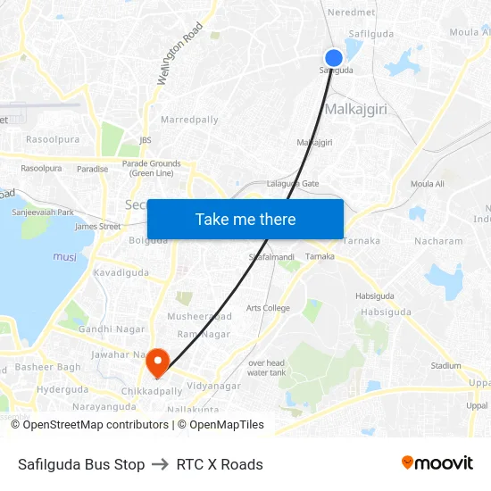 Safilguda Bus Stop to RTC X Roads map