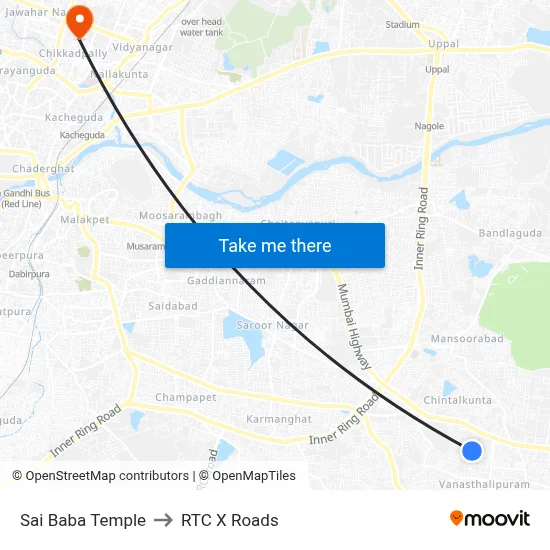 Sai Baba Temple to RTC X Roads map