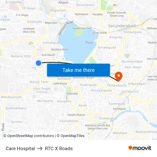 Care Hospital to RTC X Roads map