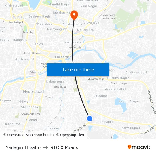 Yadagiri Theatre to RTC X Roads map