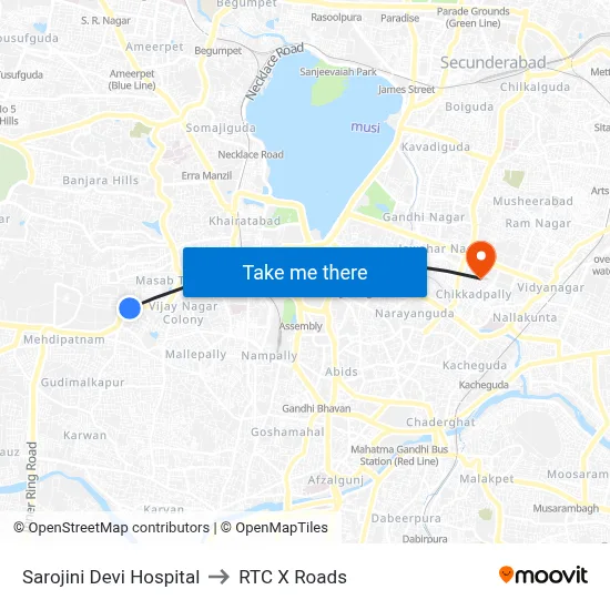 Sarojini Devi Hospital to RTC X Roads map