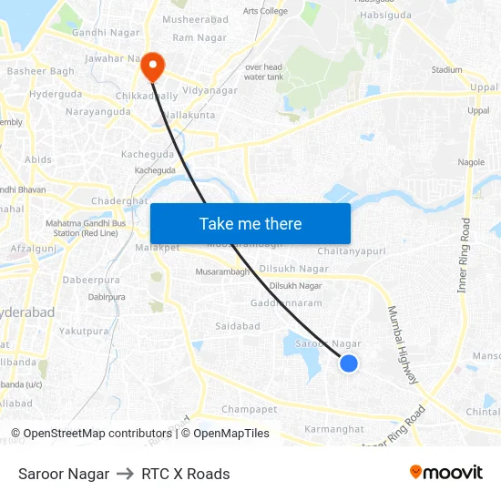 Saroor Nagar to RTC X Roads map