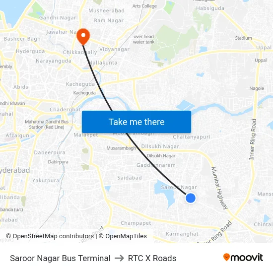Saroor Nagar Bus Terminal to RTC X Roads map