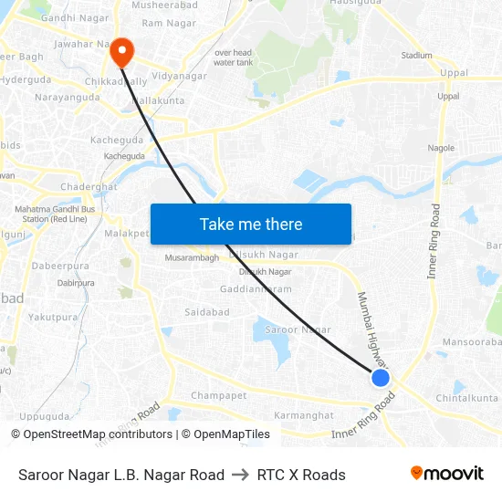 Saroor Nagar L.B. Nagar Road to RTC X Roads map