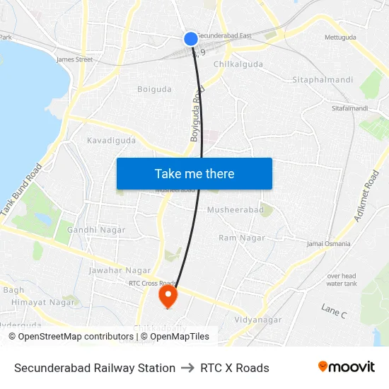 Secunderabad Railway Station to RTC X Roads map