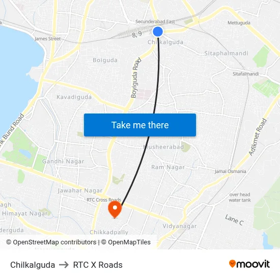 Chilkalguda to RTC X Roads map