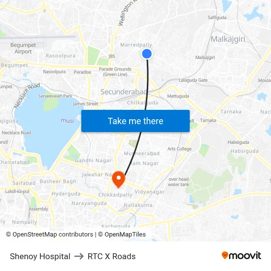Shenoy Hospital to RTC X Roads map