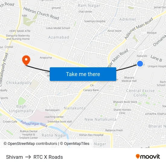 Shivam to RTC X Roads map