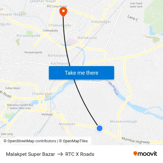 Malakpet Super Bazar to RTC X Roads map