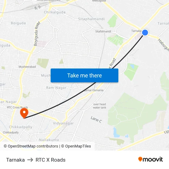 Tarnaka to RTC X Roads map