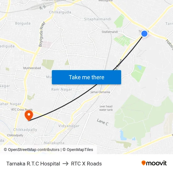 Tarnaka R.T.C Hospital to RTC X Roads map