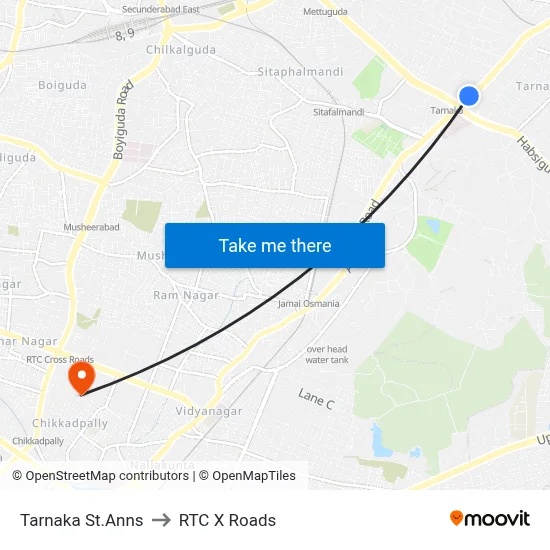 Tarnaka St.Anns to RTC X Roads map