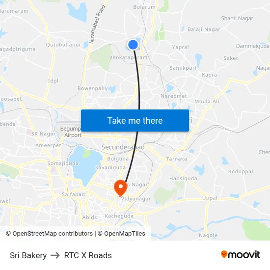 Sri Bakery to RTC X Roads map