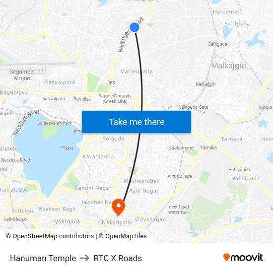 Hanuman Temple to RTC X Roads map