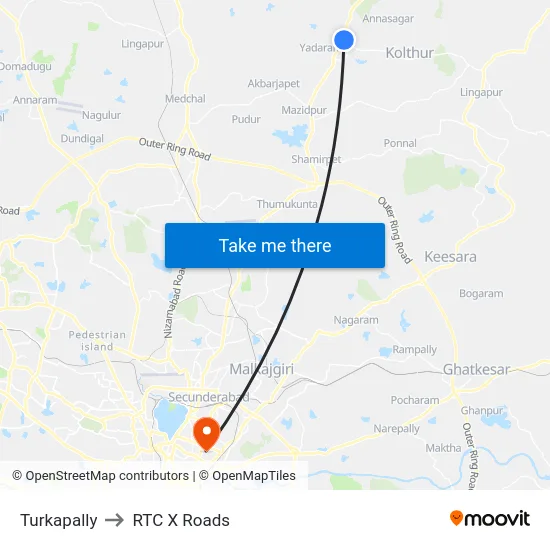 Turkapally to RTC X Roads map