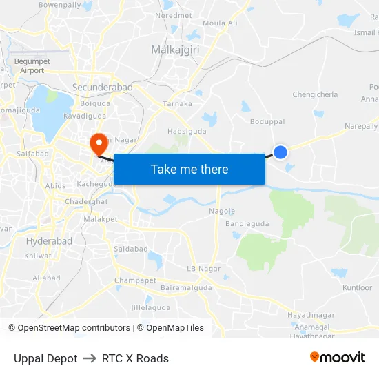 Uppal Depot to RTC X Roads map
