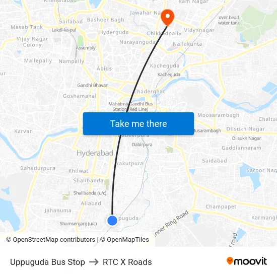 Uppuguda Bus Stop to RTC X Roads map
