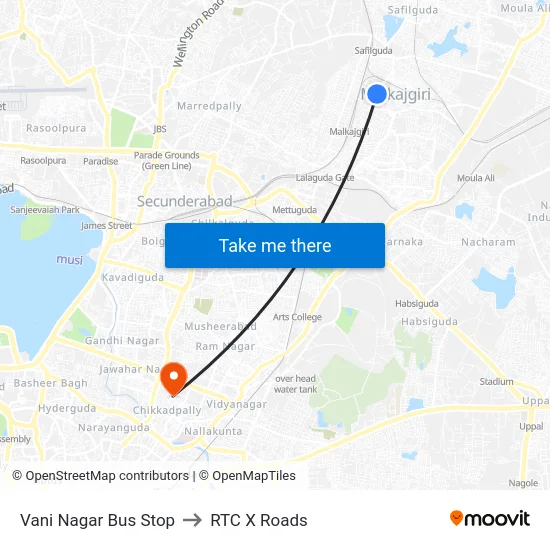Vani Nagar Bus Stop to RTC X Roads map